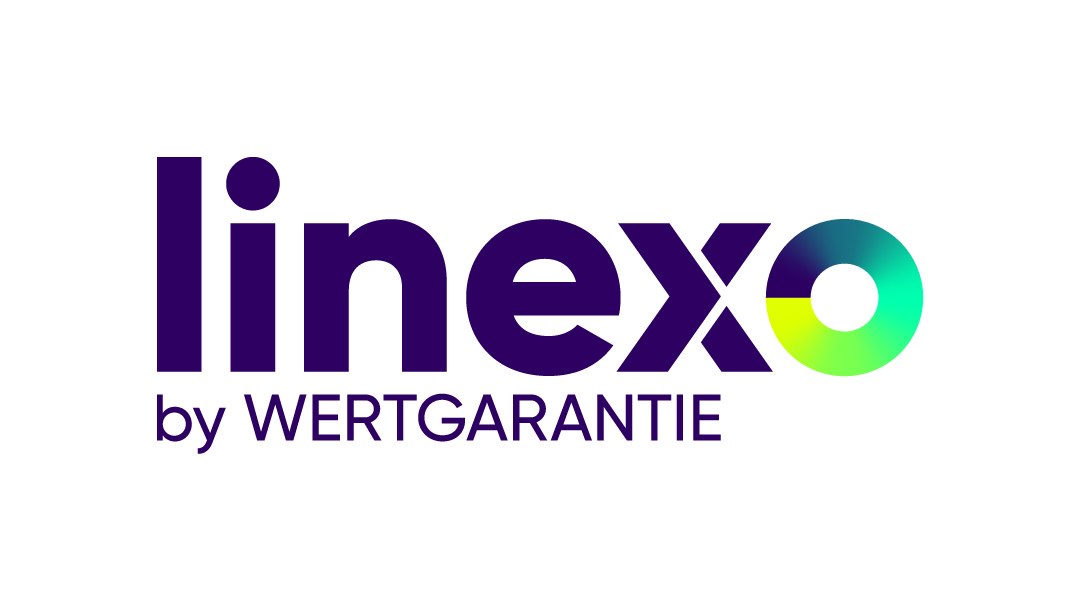 Das Logo lautet linexo by WERTGARANTIE in fetten violetten Buchstaben mit einem mehrfarbigen segmentierten "o". Der Hintergrund ist weiß.